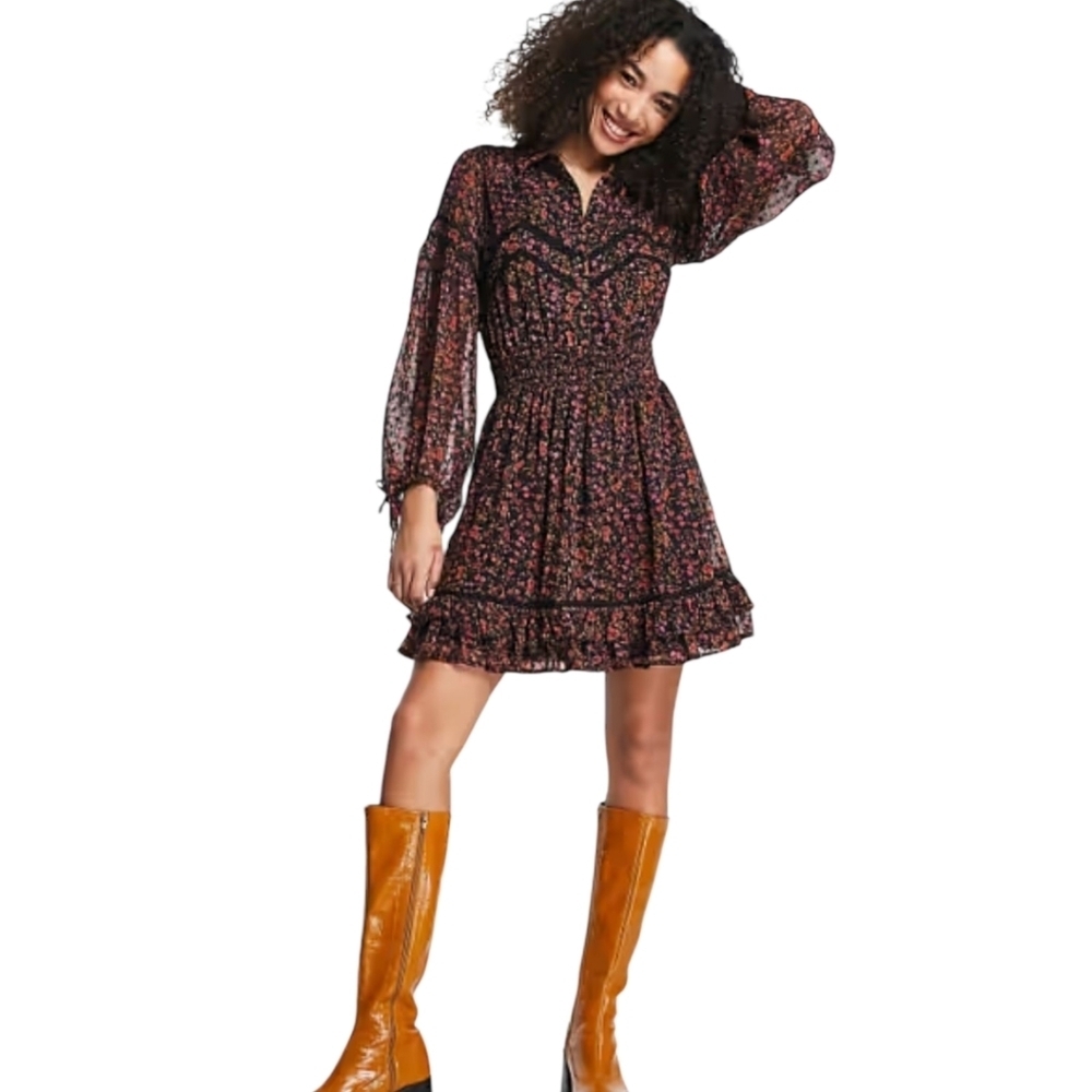 Topshop Black Floral Prairie Ruffled Dress Size 14‎